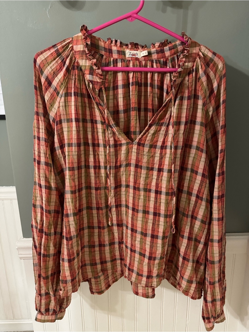 Faherty Analiese Top Relaxed Plaid Peasant Top - Rust/Beige XL - Picture 3 of 9